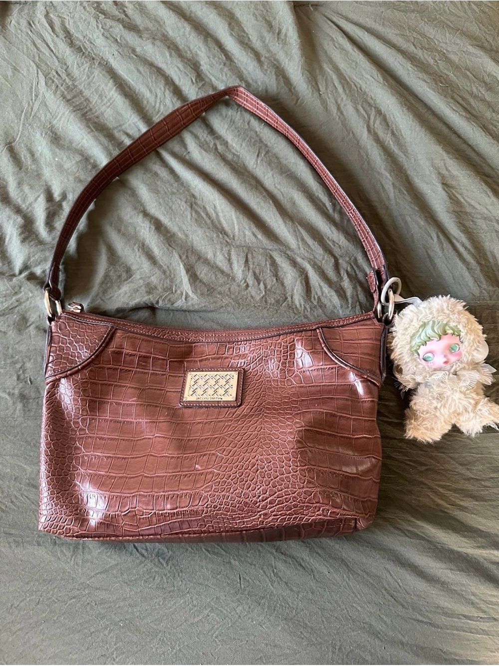 Jaclyn Smith Croc-Embossed Brown Shoulder Bag with Plaque